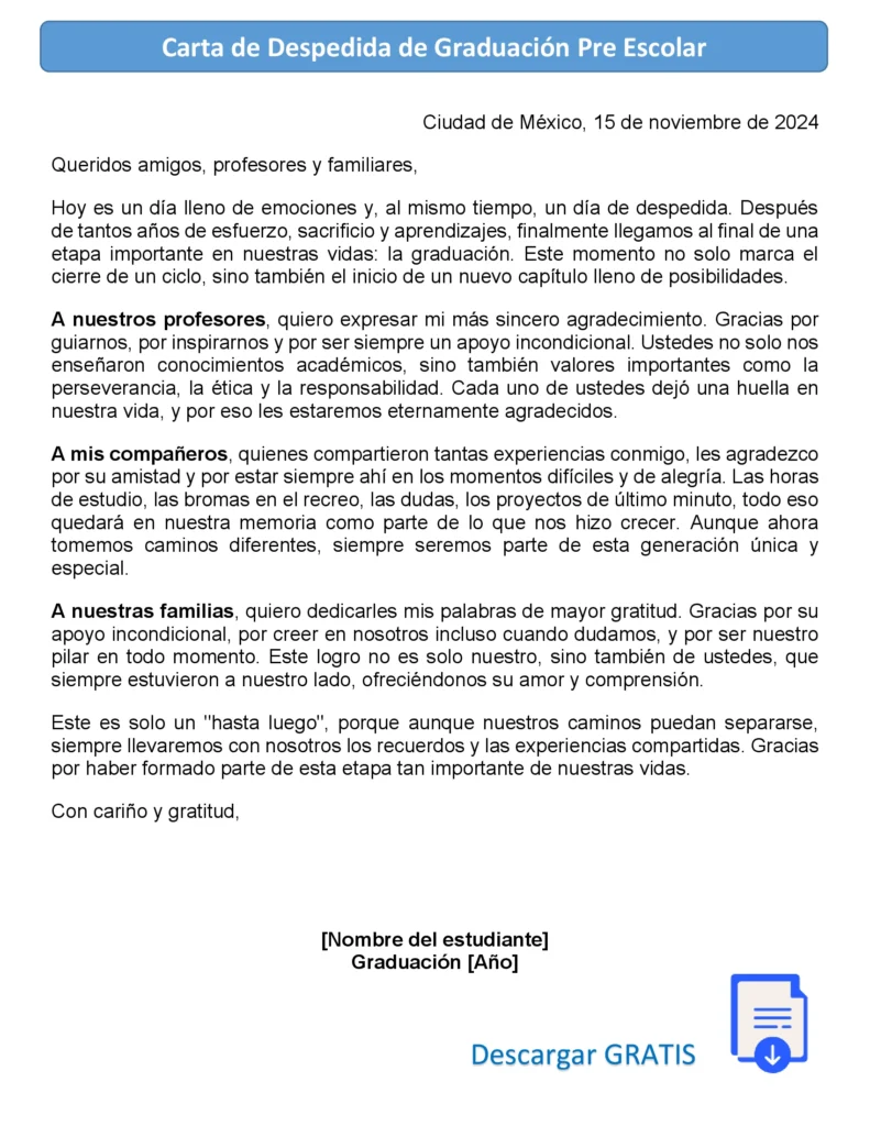Modelo de Carta de Despedida de Graduación Pre Escolar Carta de Despedida de Graduación de Primaria